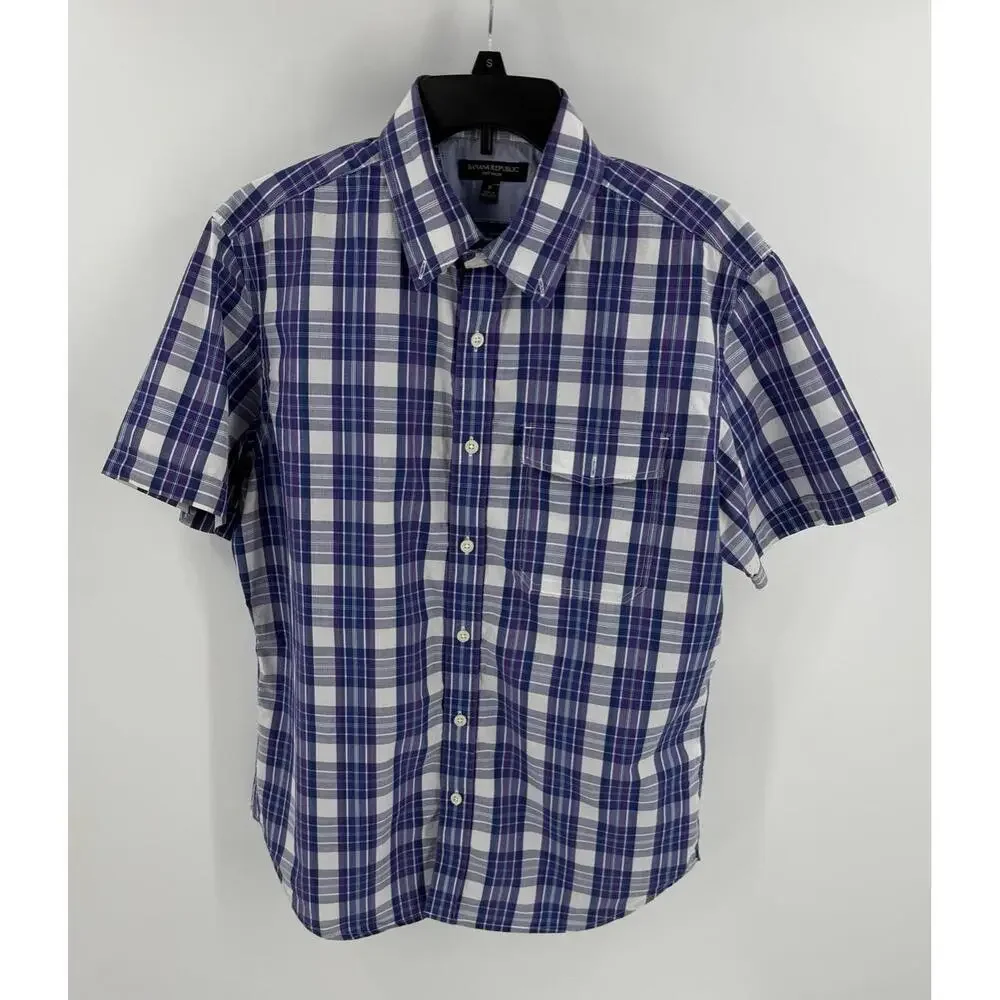 Banana Republic Tropical Blue Plaid Short Sleeve ButtonDown Collar Shirt Medium‎